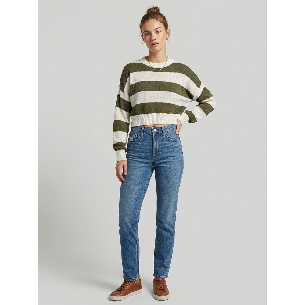 Madewell Women Green White Striped Cropped Crewneck Sweater Small CKP482940419